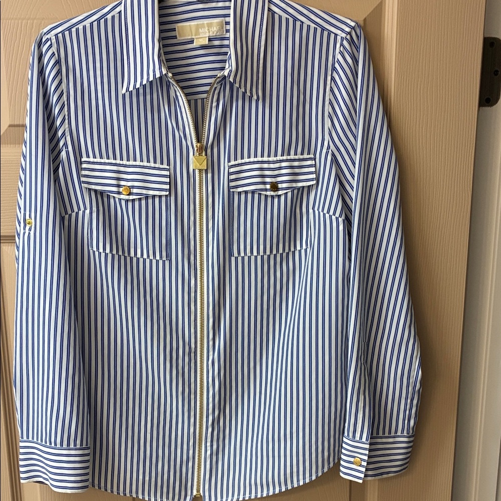 MICHAEL Michael Kors Blue & White Striped Zip-Front Shirt